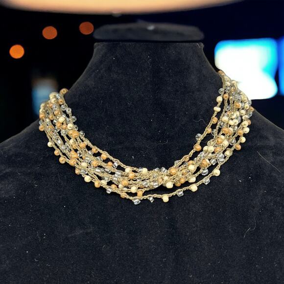 Multi Strand Beaded Choker Necklace Crochet Wire Cream Pearl Crystal Boho 23" - Picture 1 of 6